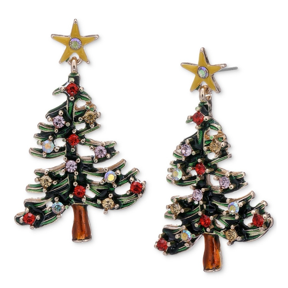NWT Gold-Tone Multicolor Crystal Christmas Tree Drop‎ Earrings